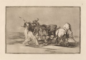 Die Mauren, die sich in Spanien niederließen, gaben die Aberglauben ihres Korans auf, übernahmen diese Jagdkunst und spießen einen Stier auf dem Feld auf
