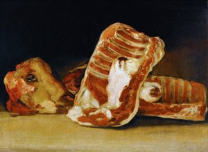 Stillleben mit Schafsrippen und Kopf, Die Fleischertheke