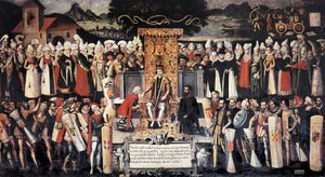 Zeremonie des Handkusses nach der Erklärung der Privilegien durch König Ferdinand den Katholischen (1452-1516). Gemälde von Francisco de Mendieta Y Retes (16. Jahrhundert). Spanien, Guernica. Haus der Juntas.
