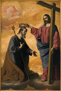 Christus krönt den heiligen Joseph. Gemälde von Francisco de Zurbarán, ca. 1640. Museum der Schönen Künste von Sevilla, Spanien