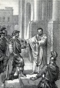Der Erzbischof Heiliger Ambrosius von Mailand verbot dem römischen Kaiser Theodosius I den Eintritt in die Kirche, um ihn für das Massaker von Thessaloniki im Jahr 390 zu bestrafen - Exkommunikation von Franco Mistrali