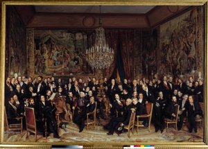Abend im Louvre mit dem Grafen von Nieuwerkerke. Unter den Anwesenden: Francois Marcellin Certain de Canrobert (1809-1895), Eugene Delacroix (1798-1863), Camille Doucet (1812-1895), Jacques Fromental Levy, genannt Halevy (1799-1862), Baron Georges Haussman