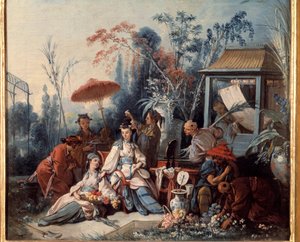 Chinesische Gartenszene von Chinoiserien, die eine junge Frau umgeben von Dienern darstellt. Gemälde von Francois Boucher (1703-1770)