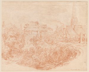 Ansicht von Dorfgebäuden und Kirchturm von François Boucher