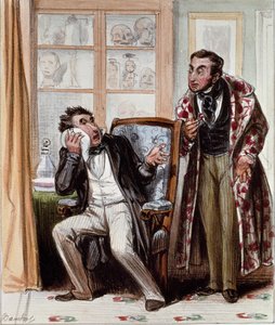 Zahnarzt. Karikatur eines Patienten mit Zahnschmerzen, der einen Zahnarzt konsultiert. Gravur von Bouchot, um 1830.