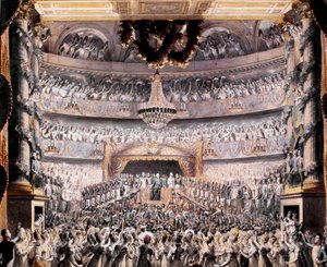 Ludwig XVIII. (1755-1824) besucht das Theater von Odeon bei einer Feier der Nationalgarde von Paris im Jahr 1819. Zeichnung von François Buffet (1789-1843)