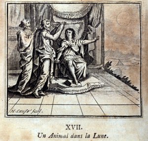 Ein Tier im Mond. Fabeln von Jean de La Fontaine. Illustration von François Chauveau. Ausgabe von 1728.