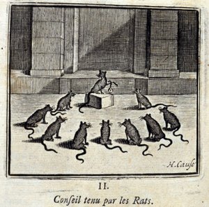 Rat der Ratten. Fabeln von Jean de La Fontaine. Illustration von François Chauveau. Ausgabe von 1728.