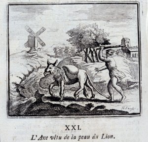 Der Esel im Löwenfell. Fabeln von Jean de La Fontaine. Illustration von François Chauveau. Ausgabe von 1728. von Francois Chauveau