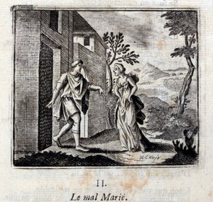Das Böse heiratet. Fabeln von Jean de La Fontaine (1621-95). Illustration von François Chauveau (1613-1676). Ausgabe von 1728 von Francois Chauveau