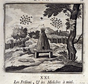Hornissen und Honigfliegen. Fabeln von Jean de La Fontaine. Illustration von François Chauveau. Ausgabe von 1728.