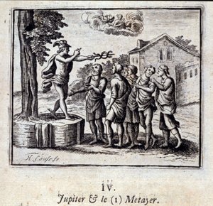 Jupiter und der Pächter. Fabeln von Jean de La Fontaine (1621-95). Illustration von François Chauveau (1613-1676). Ausgabe von 1728.