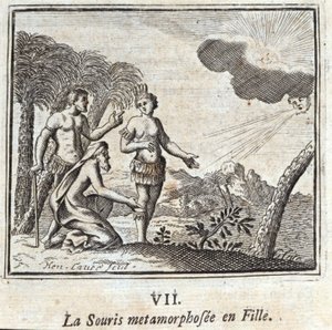 Die Maus, die in ein Mädchen verwandelt wurde. Fabeln von Jean de La Fontaine. Illustration von François Chauveau. Ausgabe von 1728.