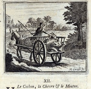 Das Schwein, die Ziege und das Schaf. Fabeln von Jean de La Fontaine. Illustration von François Chauveau. Ausgabe von 1728.