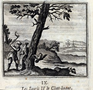 Die Mäuse und die Eule. Fabeln von Jean de La Fontaine. Illustration von François Chauveau. Ausgabe von 1728.