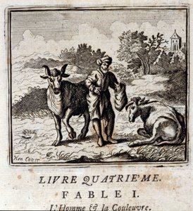 Mann und Schlange. Fabeln von Jean de La Fontaine (1621-95). Illustration von François Chauveau (1613-1676). Ausgabe von 1728. von Francois Chauveau