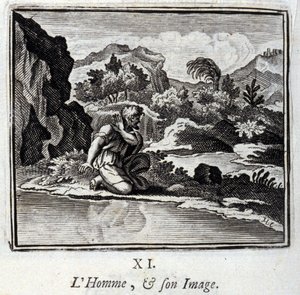 Der Mensch und sein Bild. Fabeln von Jean de La Fontaine. Illustration von François Chauveau. Ausgabe von 1728.