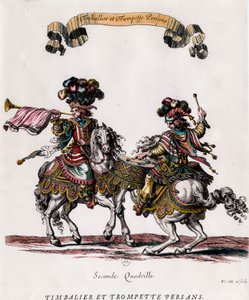 Persischer Trommler und Trompeter während des Karussells von König Ludwig XIV. (1639-1715). Stich von Francois Chauveau (1613-1676) um 1662. Private Sammlung von Francois Chauveau