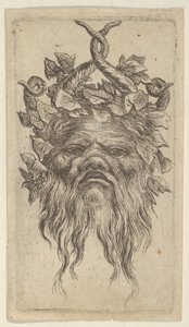 Satyrmaske mit gebogenen Hörnern und einem Efeukranz, aus Divers Masques von Francois Chauveau