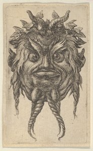Satyrmaske mit Hörnern und einem verdrehten Bart, der einen Efeukranz trägt, aus Divers Masque..., ca. 1635-45 von Francois Chauveau