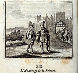 Der Vorteil der Wissenschaft. Fabeln von Jean de La Fontaine. Illustration von François Chauveau. Ausgabe von 1728.