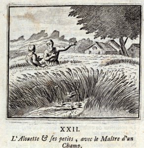 Die Lerche und ihre Jungen mit dem Besitzer eines Feldes. Fabeln von Jean de La Fontaine. Illustration von François Chauveau. Ausgabe von 1728.