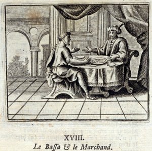 Der Bassa und der Kaufmann. Fabeln von Jean de La Fontaine (1621-95). Illustration von François Chauveau (1613-1676). Ausgabe von 1728 von Francois Chauveau