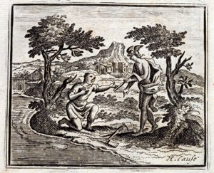 Der Holzfäller und Merkur. Fabeln von Jean de La Fontaine. Illustration von François Chauveau. Ausgabe von 1728.