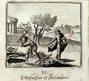 Der Brenner und sein Kumpan. Fabeln von Jean de La Fontaine (1621-95). Illustration von François Chauveau (1613-1676). Ausgabe von 1728.