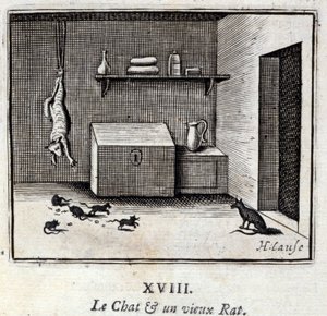 Die Katze und eine alte Ratte. Fabeln von Jean de La Fontaine. Illustration von François Chauveau. Ausgabe von 1728.