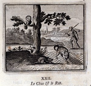 Die Katze und die Ratte. Fabeln von Jean de La Fontaine. Illustration von François Chauveau. Ausgabe von 1728.