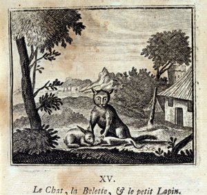 Die Katze, das Wiesel und das kleine Kaninchen. Fabeln von Jean de La Fontaine. Illustration von François Chauveau. Ausgabe von 1728.