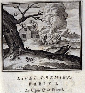 Die Zikade und die Ameise. Fabeln von Jean de La Fontaine. Illustration von François Chauveau. Ausgabe von 1728.