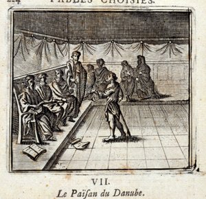Der Donau-Bauer. Fabeln von Jean de La Fontaine. Illustration von François Chauveau. Ausgabe von 1728.