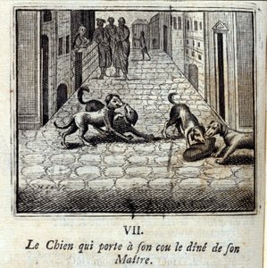 Der Hund, der das Geld seines Herrn am Hals trägt. Fabeln von Jean de La Fontaine. Illustration von François Chauveau. Ausgabe von 1728.