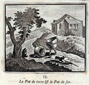 Der Tontopf und der Eisentopf. Fabeln von Jean de La Fontaine. Illustration von François Chauveau. Ausgabe von 1728.