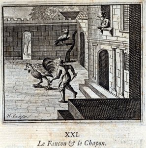 Der Falke und der Kapaun. Fabeln von Jean de La Fontaine. Illustration von François Chauveau. Ausgabe von 1728.