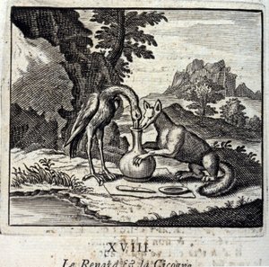 Der Fuchs und der Storch. Fabeln von Jean de La Fontaine (1621-95). Illustration von François Chauveau (1613-1676). Ausgabe von 1728.