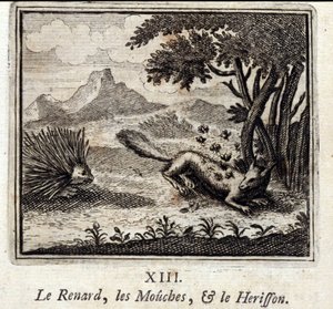 Der Fuchs, die Fliegen und der Igel. Fabeln von Jean de La Fontaine. Illustration von François Chauveau. Ausgabe von 1728.