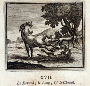Der Fuchs, der Wolf und das Pferd. Fabeln von Jean de La Fontaine. Illustration von François Chauveau. Ausgabe von 1728.