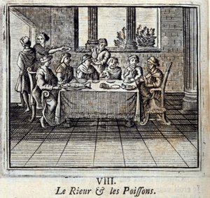 Das Lachen und die Fische. Fabeln von Jean de La Fontaine. Illustration von François Chauveau. Ausgabe von 1728.
