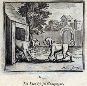 Die Laus und ihr Gefährte. Fabeln von Jean de La Fontaine. Illustration von François Chauveau. Ausgabe von 1728.