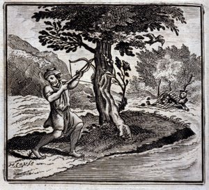 Der Löwe und die Ratte. Fabeln von Jean de La Fontaine. Illustration von François Chauveau. Ausgabe von 1728.