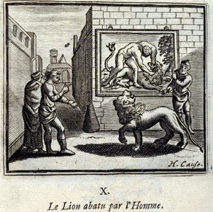 Der von einem Mann erschossene Löwe. Fabeln von Jean de La Fontaine (1621-95). Illustration von François Chauveau (1613-1676). Ausgabe von 1728.