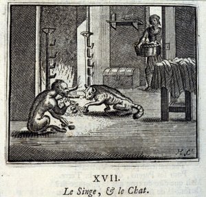 Der Affe und die Katze. Fabeln von Jean de La Fontaine. Illustration von François Chauveau. Ausgabe von 1728.