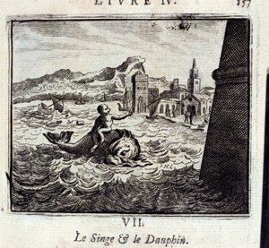 Der Affe und der Delfin. Fabeln von Jean de La Fontaine. Illustration von François Chauveau. Ausgabe von 1728.