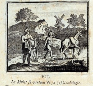 Der Meeräsche prahlt mit seiner Genealogie. Fabeln von Jean de La Fontaine (1621-95). Illustration von François Chauveau (1613-1676). Ausgabe von 1728