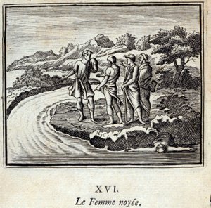 Die ertrunkene Frau. Fabeln von Jean de La Fontaine. Illustration von François Chauveau. Ausgabe von 1728.