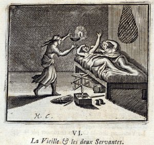 Die alte Dame und die zwei Diener. Fabeln von Jean de La Fontaine. Illustration von François Chauveau. Ausgabe von 1728. von Francois Chauveau