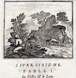 Der Patra und der Löwe. Fabeln von Jean de La Fontaine. Illustration von François Chauveau. Ausgabe von 1728.
